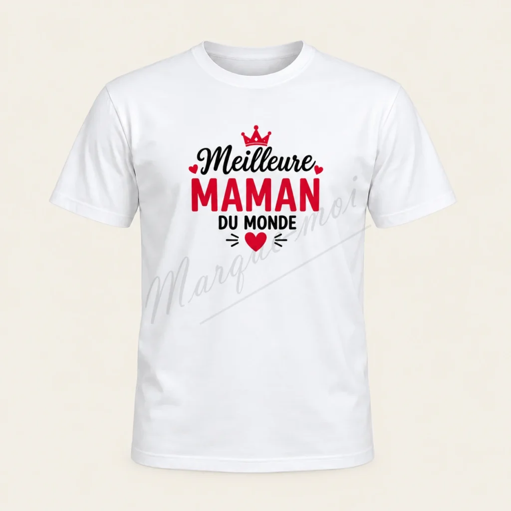 T-shirt blanc vu de face, avec l’inscription « Meilleure maman du monde » en noir et rouge, une couronne et des cœurs.