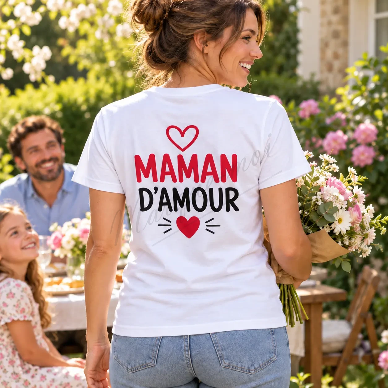 Femme dans un jardin fleuri portant un t-shirt blanc avec l’inscription « Maman d’amour » en rouge et noir et deux cœurs rouges au dos.
