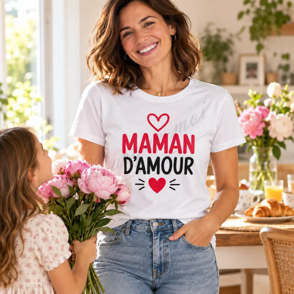 Femme souriante près de fleurs roses, portant un t-shirt blanc « Maman d’amour » avec un motif rouge et noir sur le devant.