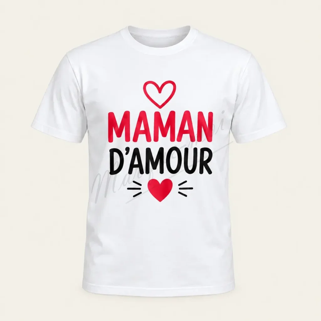 T-shirt blanc vu de face, avec l’inscription « Maman d’amour » en rouge et noir, accompagnée de deux cœurs rouges.