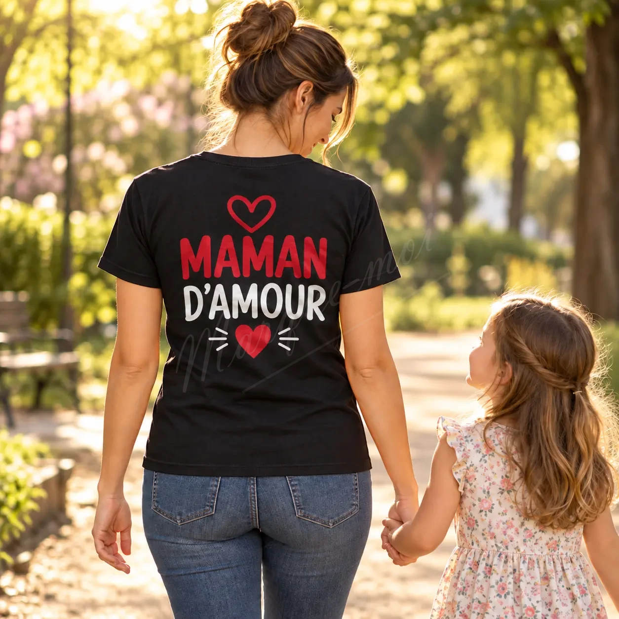 Femme vue de dos en promenade avec des enfants, portant un t-shirt noir au motif « Maman d’amour » rouge et blanc.