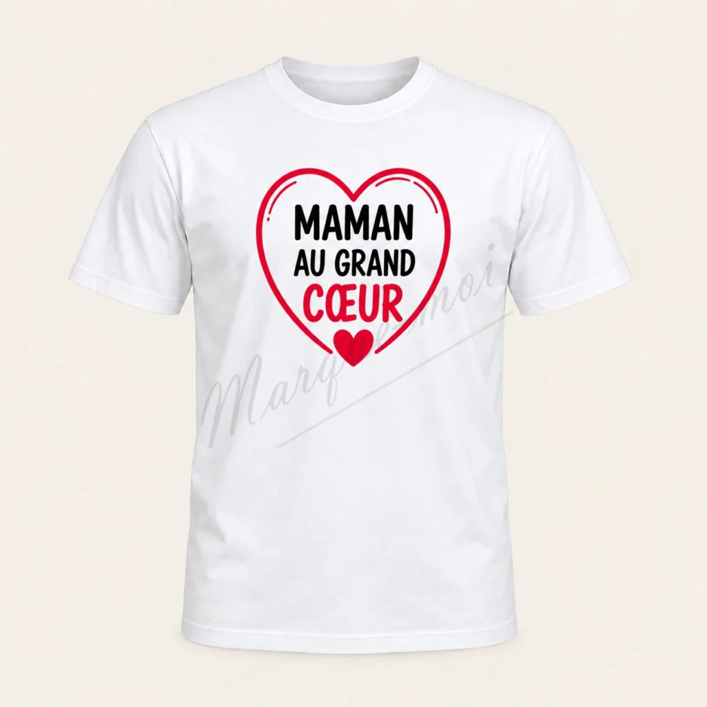 T-shirt blanc vu de face, avec l’inscription « Maman au grand cœur » en noir et rouge à l’intérieur d’un cœur rouge.