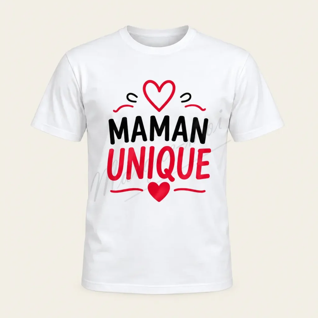 T-shirt blanc vu de face, avec le mot « Maman » en noir et « Unique » en rouge, accompagnés de deux cœurs rouges.