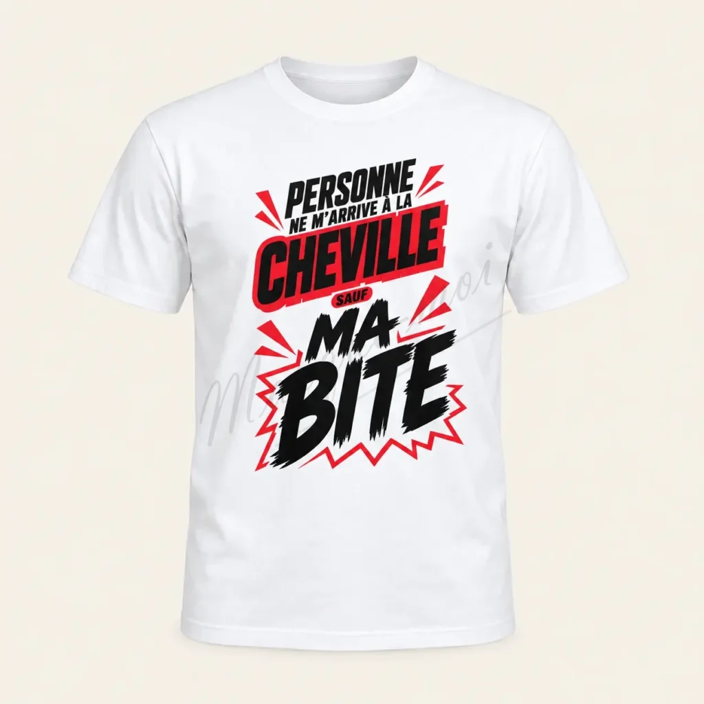 T-shirt blanc de face sur fond beige, motif « Personne ne m’arrive à la cheville sauf ma bite » noir et rouge.