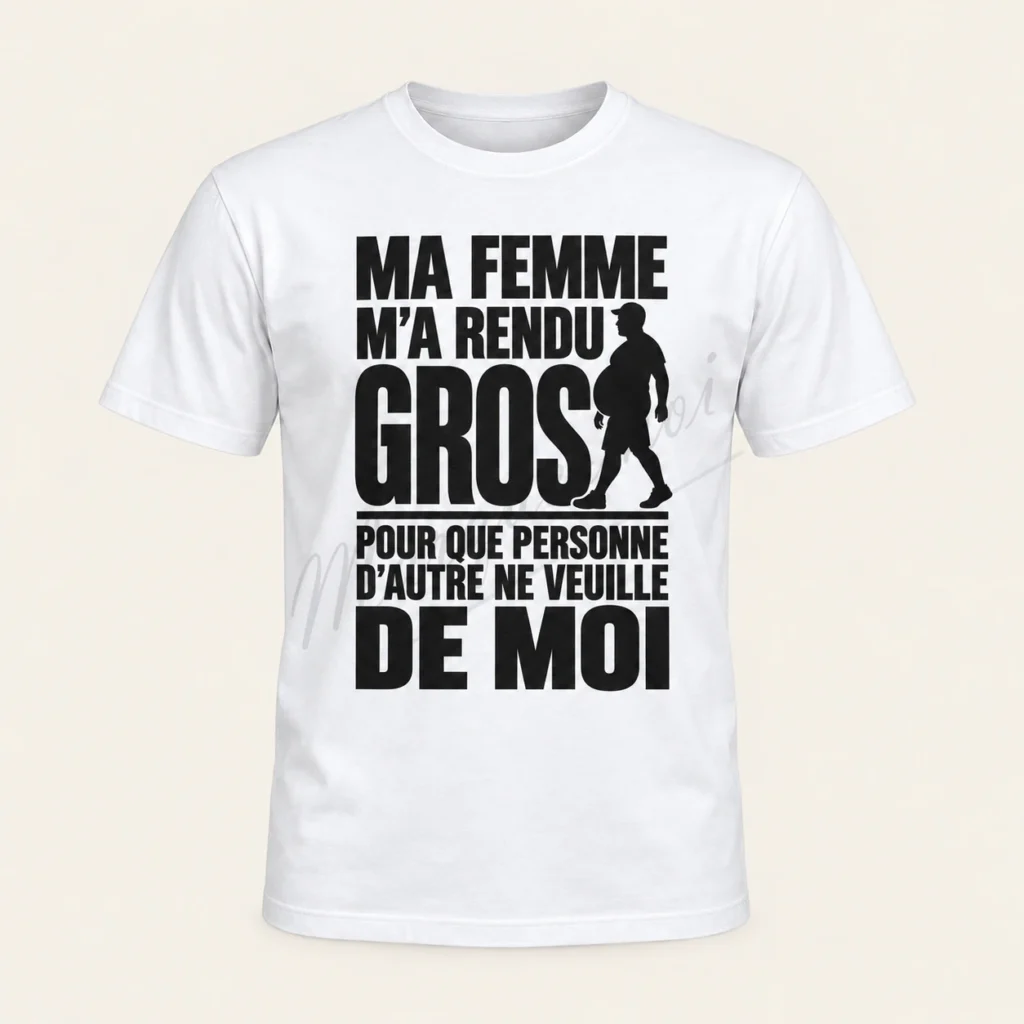 Tee-shirt blanc vu de face, avec le slogan « Ma femme m’a rendu gros pour que personne d’autre ne veuille de moi » en noir.