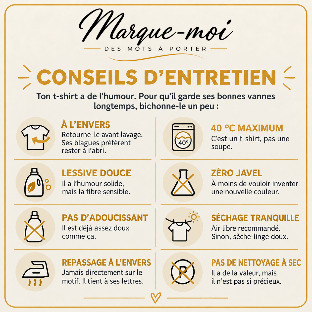 Guide d’entretien des t-shirts Marque-moi : conseils illustrés pour le lavage, le choix de la lessive et le séchage.