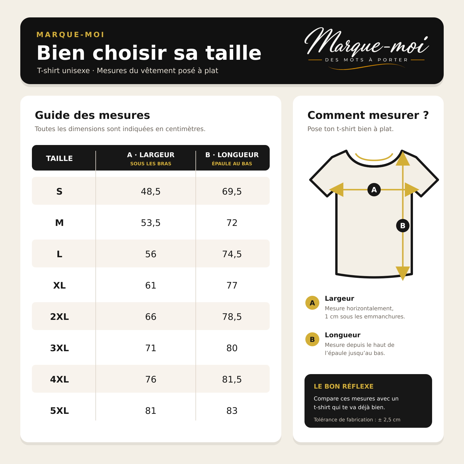 Guide des tailles des t-shirts Marque-moi, avec tableau des mesures et schéma indiquant comment mesurer la largeur et la longueur d’un t-shirt.