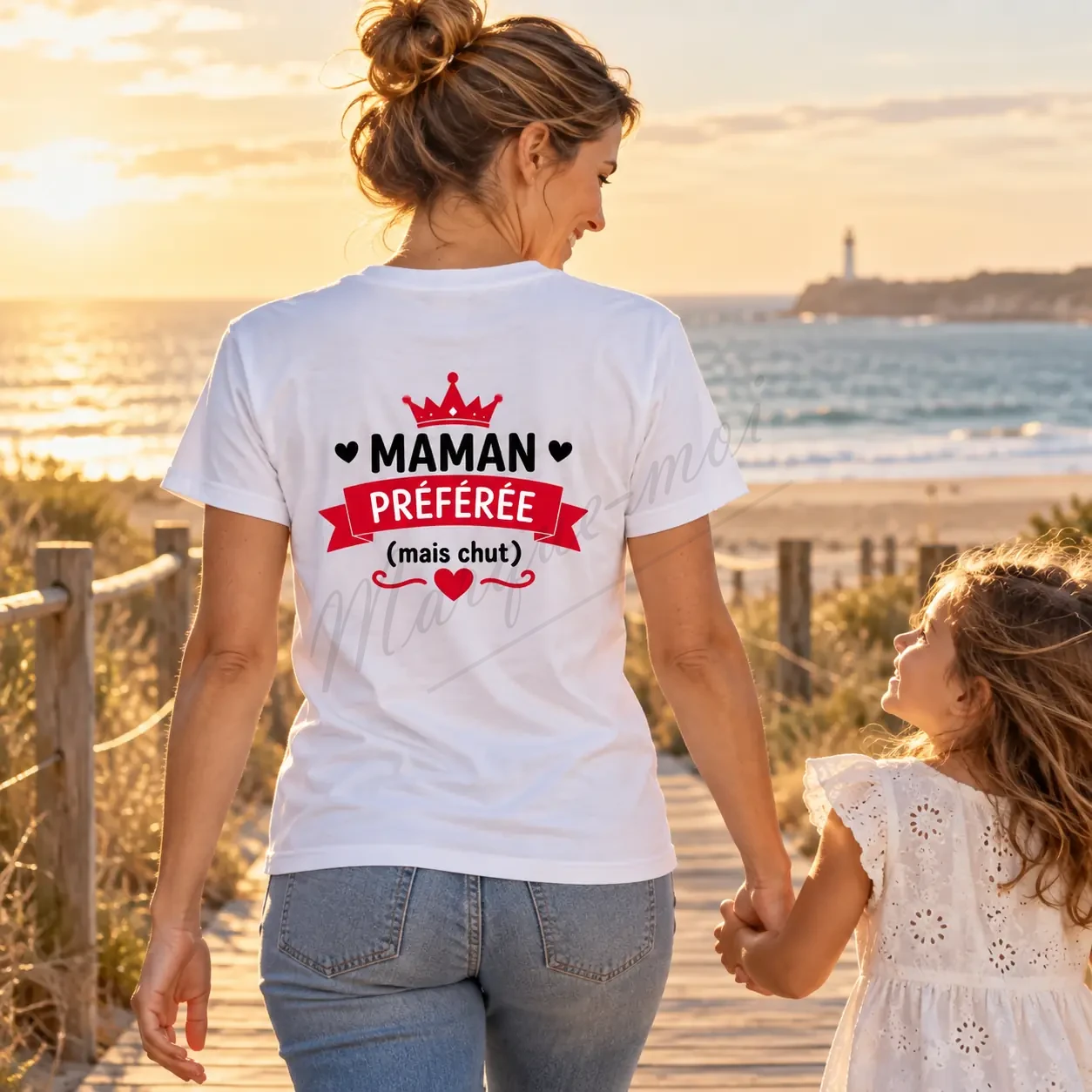 Femme au bord de la mer portant un t-shirt blanc avec le motif « Maman préférée, mais chut » noir et rouge dans le dos.