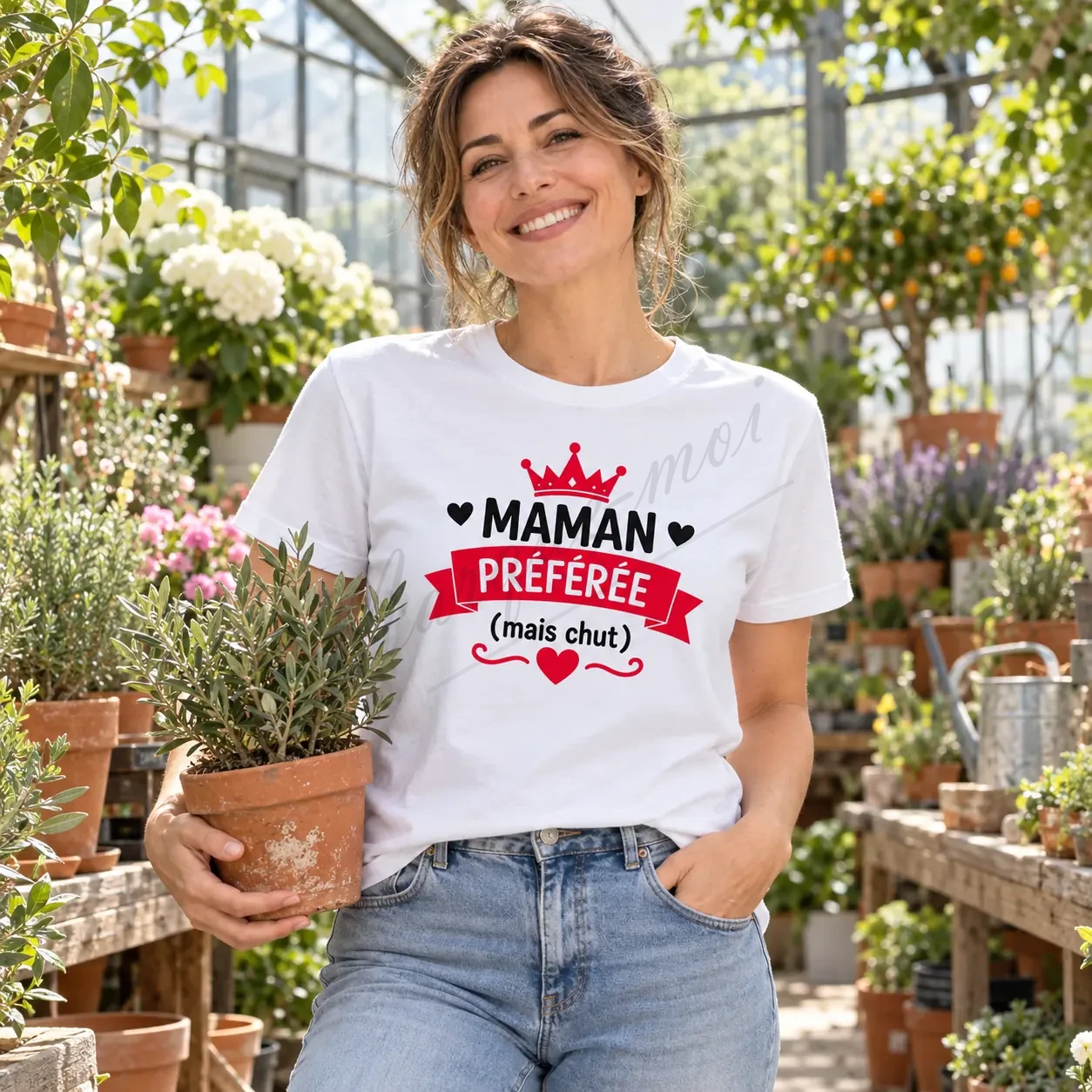 Femme souriante entourée de plantes et de fleurs, portant un t-shirt blanc « Maman préférée, mais chut » au motif noir et rouge devant.