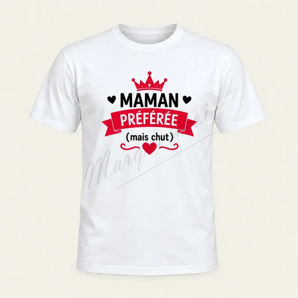 T-shirt blanc vu de face, avec le motif « Maman préférée, mais chut » en noir et rouge, une couronne et un ruban.