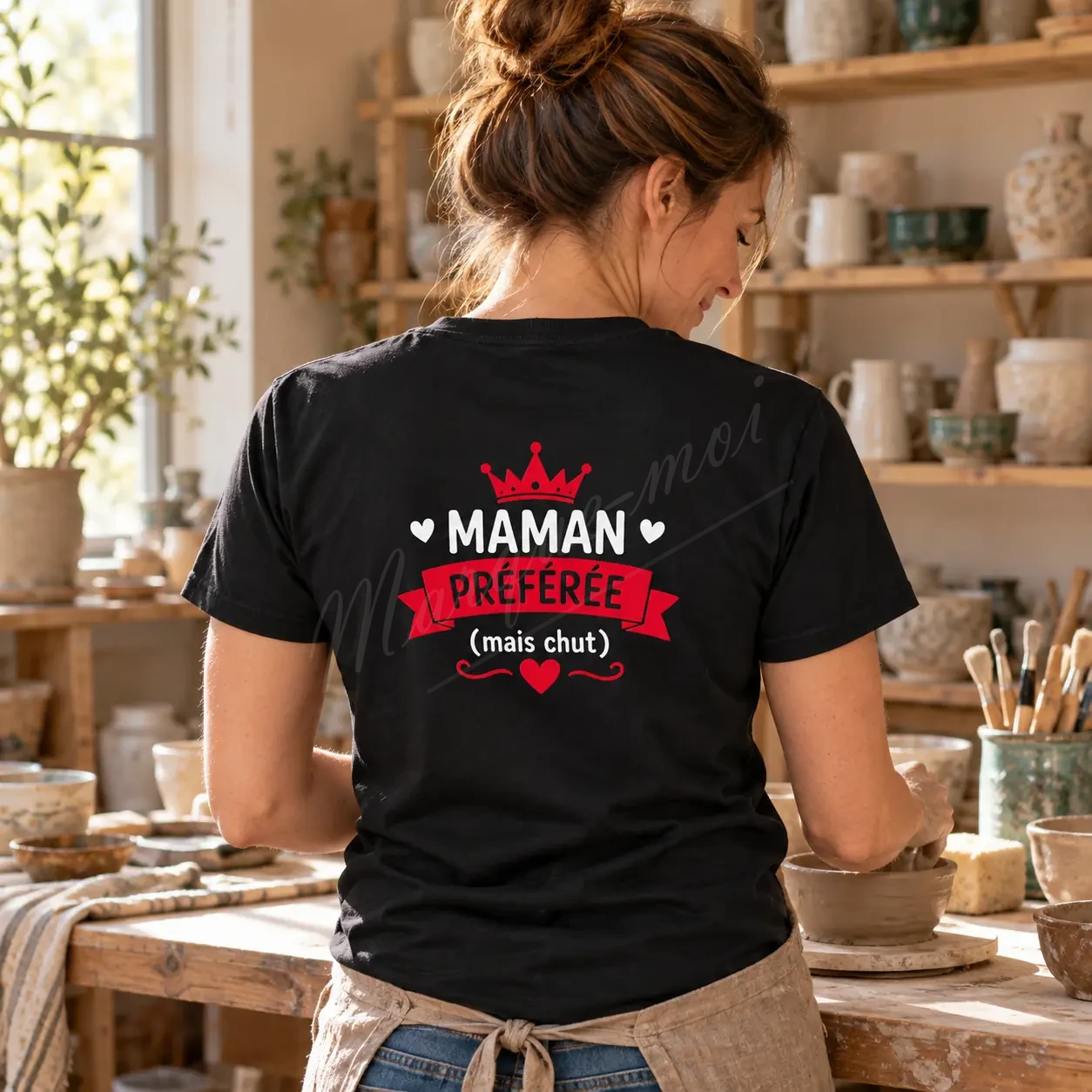 Femme vue de dos devant des étagères de vaisselle, portant un t-shirt noir au motif « Maman préférée, mais chut » blanc et rouge.