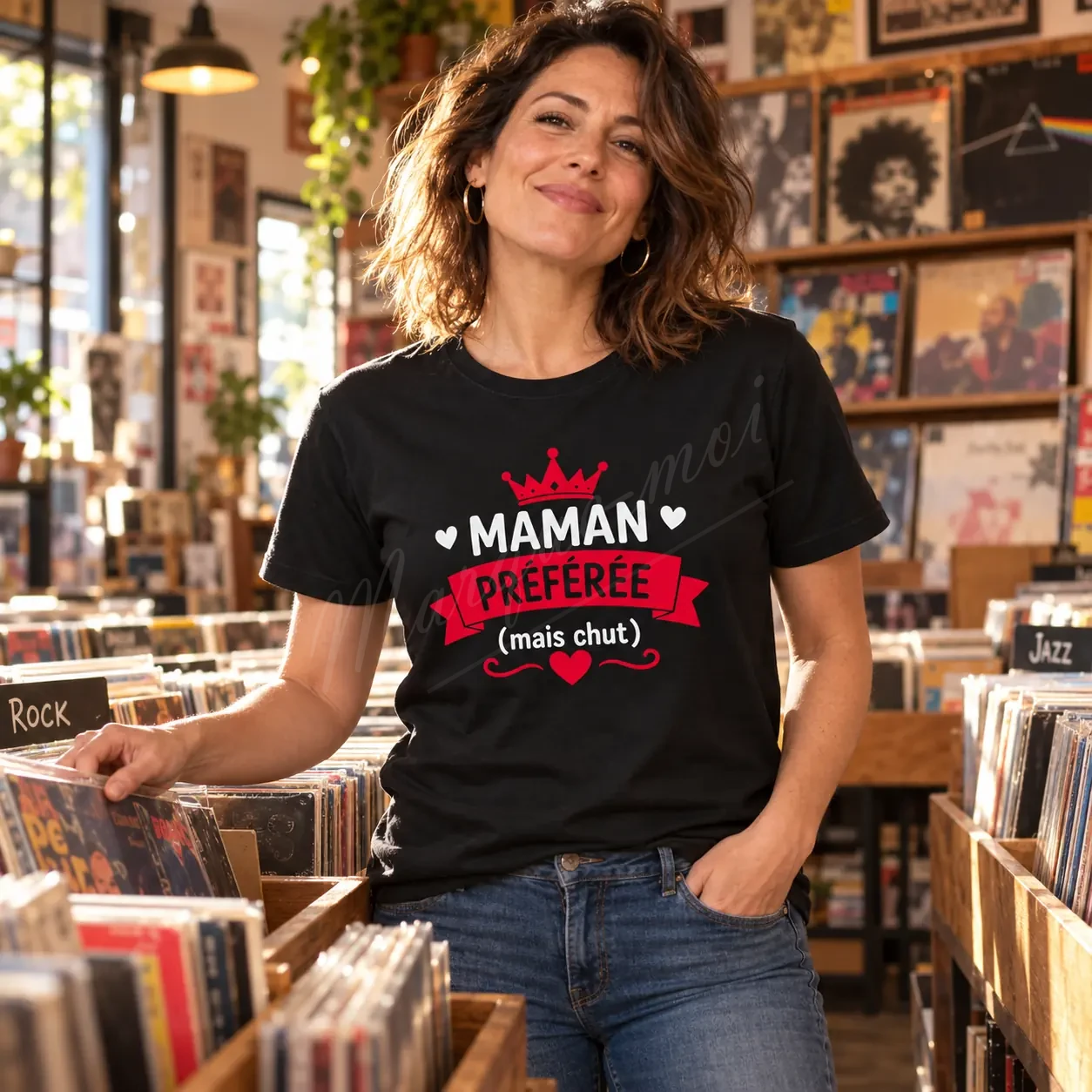 Femme portant un t-shirt noir « Maman préférée, mais chut », avec un motif blanc et rouge sur le devant, dans une boutique de disques.