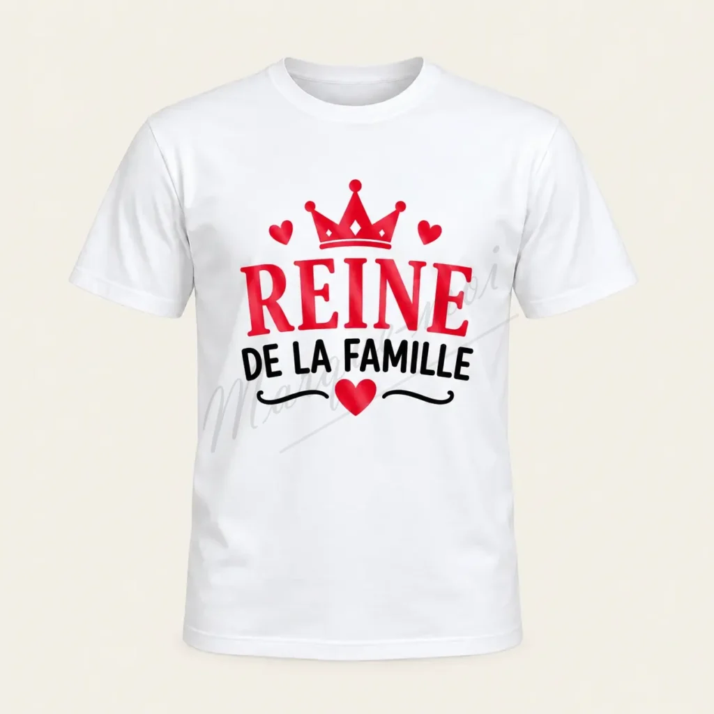 T-shirt blanc vu de face, avec l’inscription « Reine de la famille » en rouge et noir, une couronne rouge et un cœur rouge.