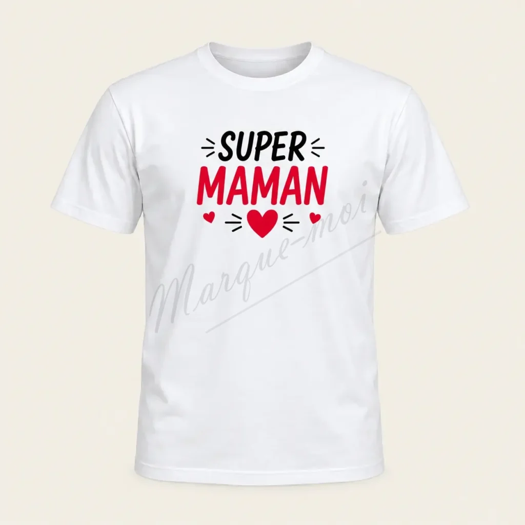 T-shirt blanc vu de face, avec le mot « Super » en noir et « Maman » en rouge, accompagnés de cœurs et de petits ornements.
