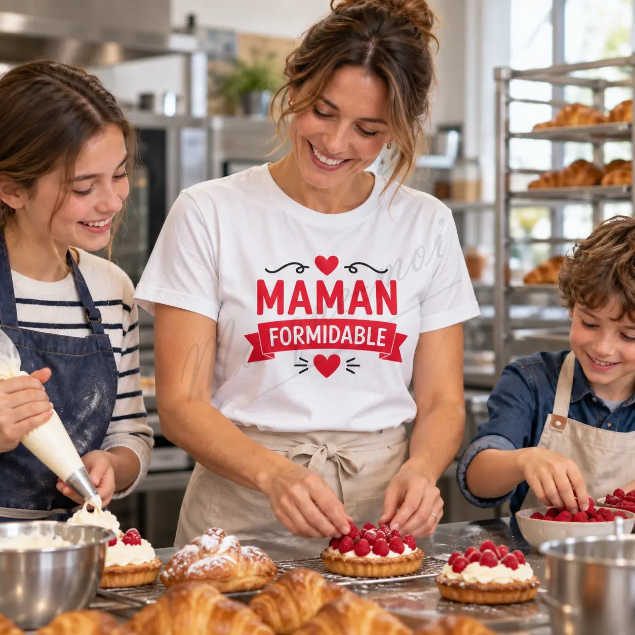 Femme entourée d’enfants dans un intérieur lumineux, portant un t-shirt blanc « Maman formidable » avec un motif rouge sur le devant.