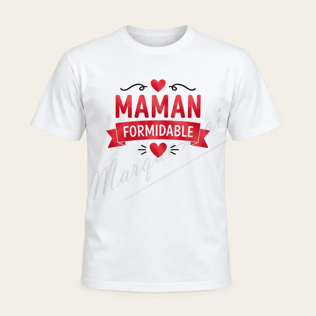 T-shirt blanc vu de face, avec l’inscription « Maman formidable », un ruban rouge, des cœurs rouges et de petits ornements noirs.