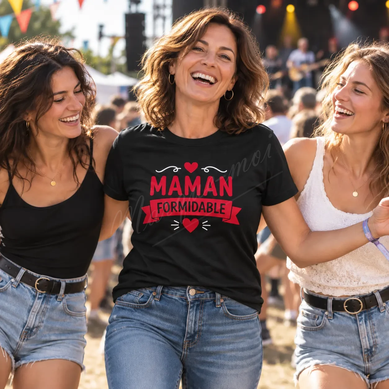 Femme souriante entourée de deux autres femmes en extérieur, portant un t-shirt noir « Maman formidable » avec un motif rouge sur le devant.