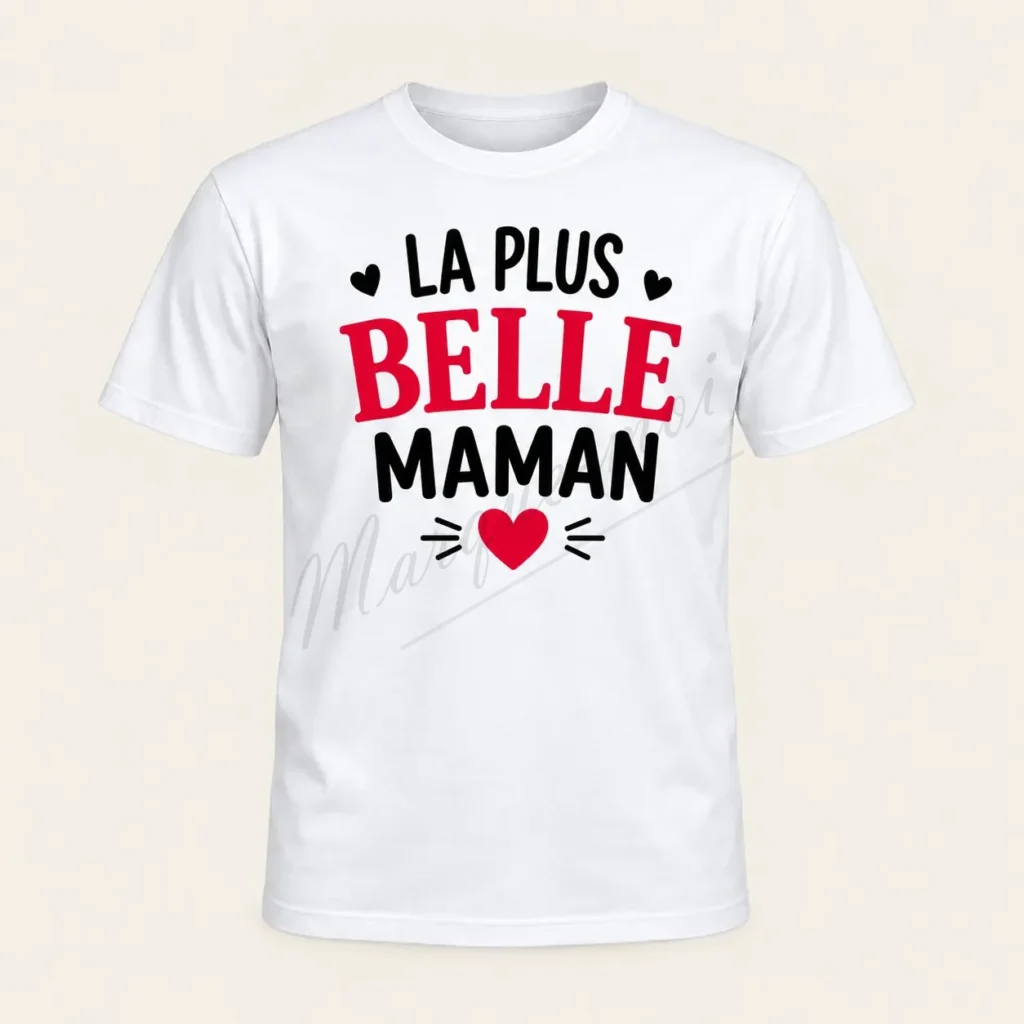 T-shirt blanc vu de face, avec l’inscription « La plus belle maman » en noir et rouge et un cœur rouge sous le texte.