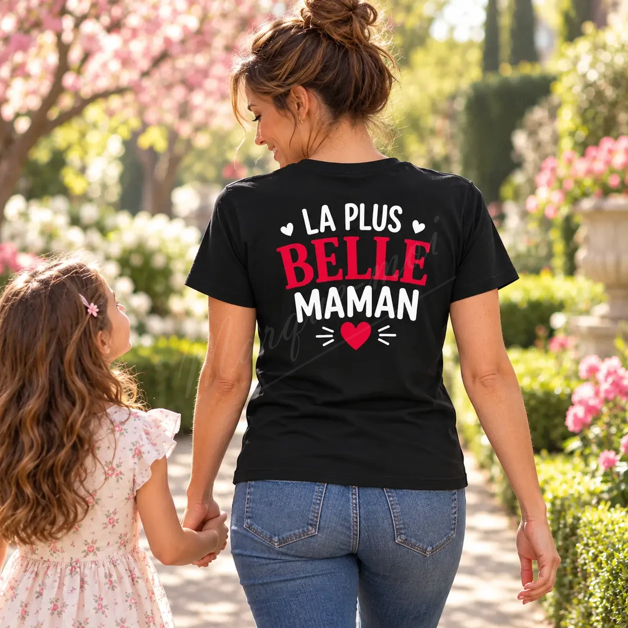 Femme vue de dos dans un jardin fleuri, portant un t-shirt noir avec l’inscription « La plus belle maman » en blanc et rouge.