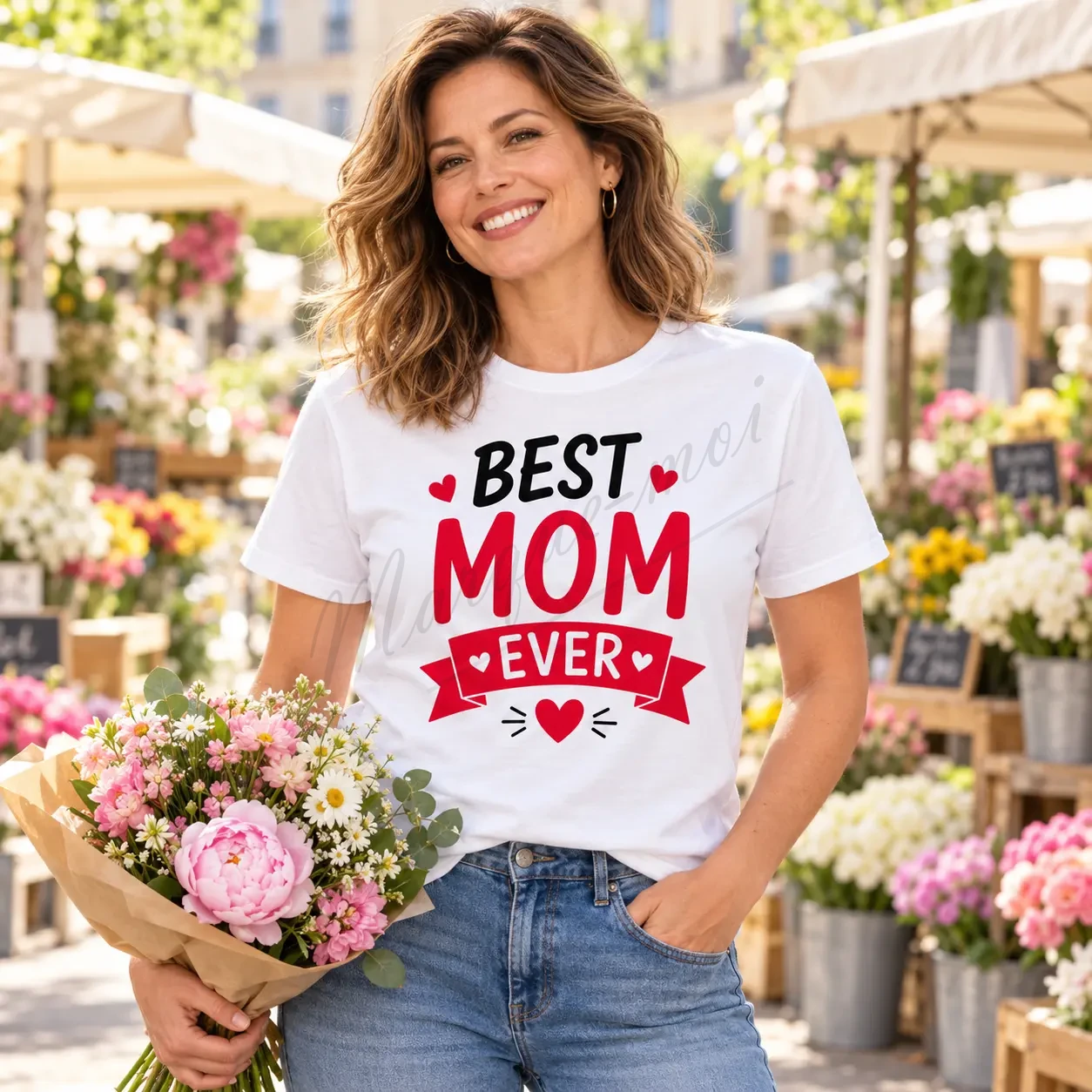 Femme souriante parmi des étals de fleurs, portant un t-shirt blanc « Best Mom Ever » avec un motif noir et rouge sur le devant.