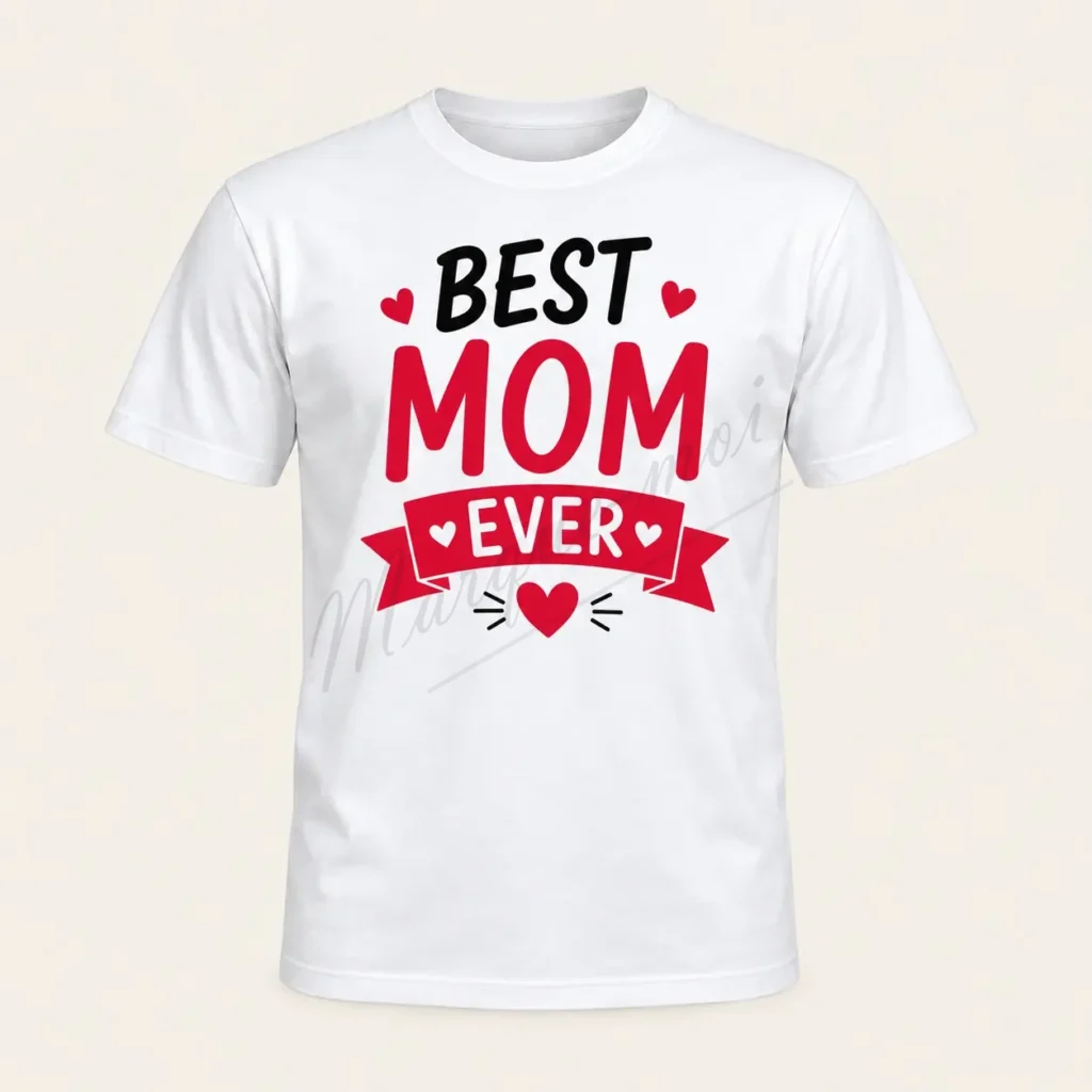 T-shirt blanc vu de face, avec le motif « Best Mom Ever » noir et rouge, un ruban rouge et un cœur rouge.