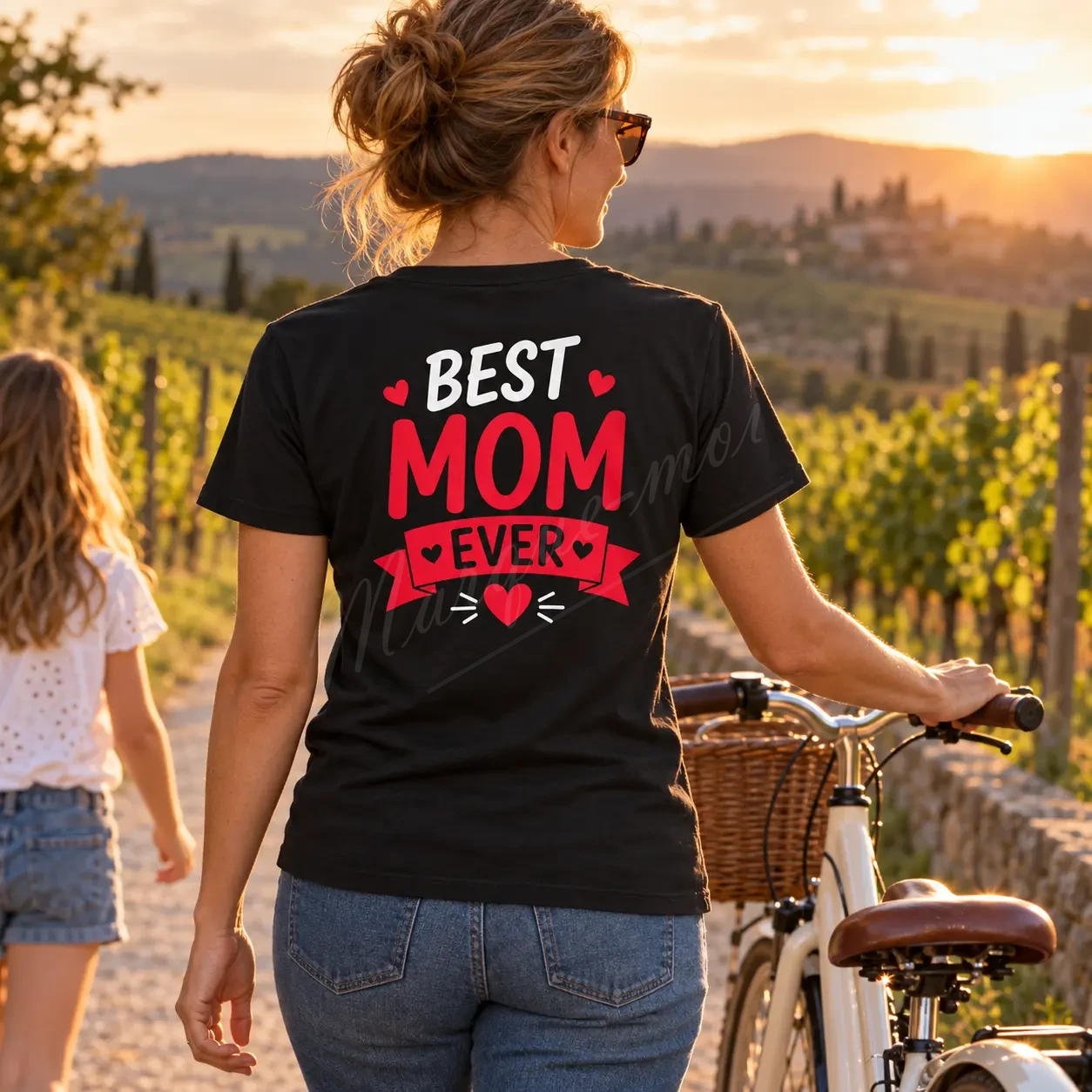 Femme vue de dos face à un paysage de campagne, portant un t-shirt noir avec le motif « Best Mom Ever » blanc et rouge.