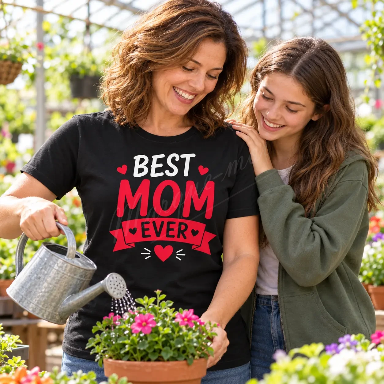 Deux femmes près de plantes, dont l’une porte un t-shirt noir « Best Mom Ever » avec un motif blanc et rouge sur le devant.