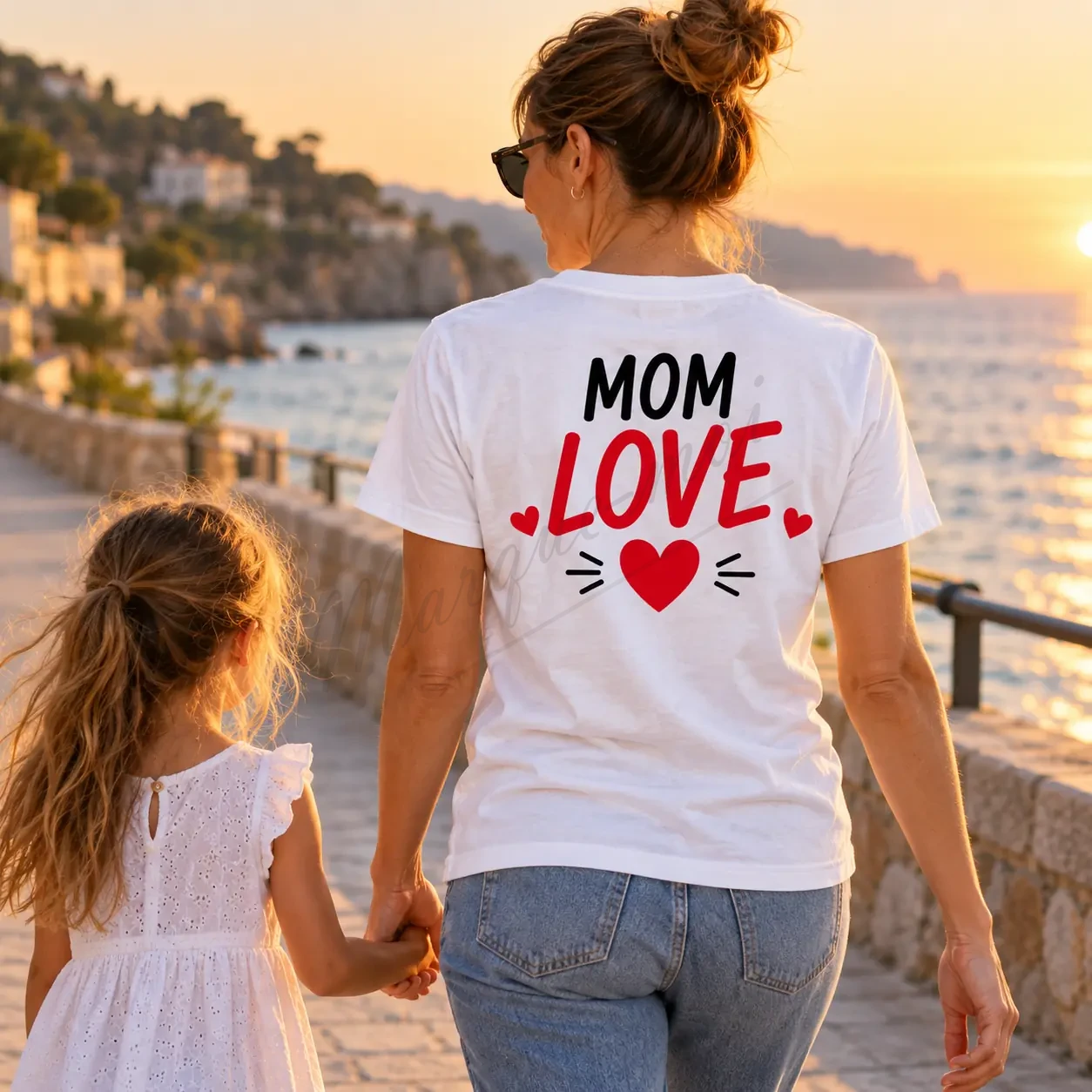 Femme vue de dos face à un paysage côtier, portant un t-shirt blanc avec le motif « Mom Love » noir et rouge dans le dos.