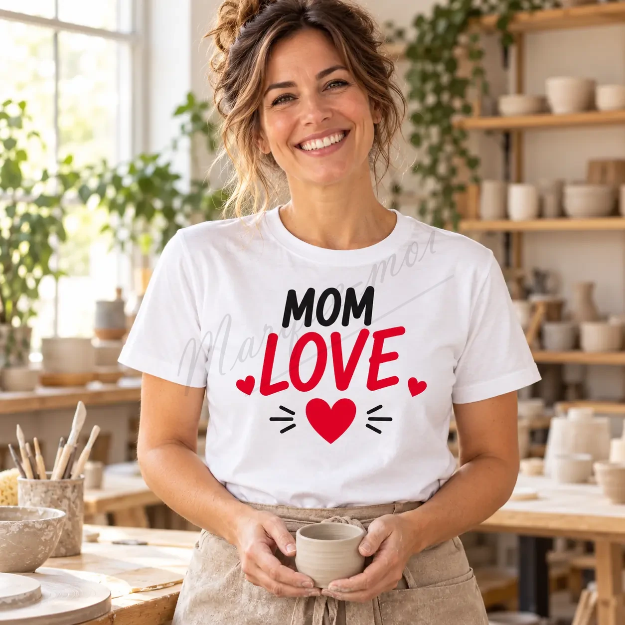 Femme souriante dans une cuisine lumineuse, portant un t-shirt blanc « Mom Love » avec un motif noir et rouge sur le devant.