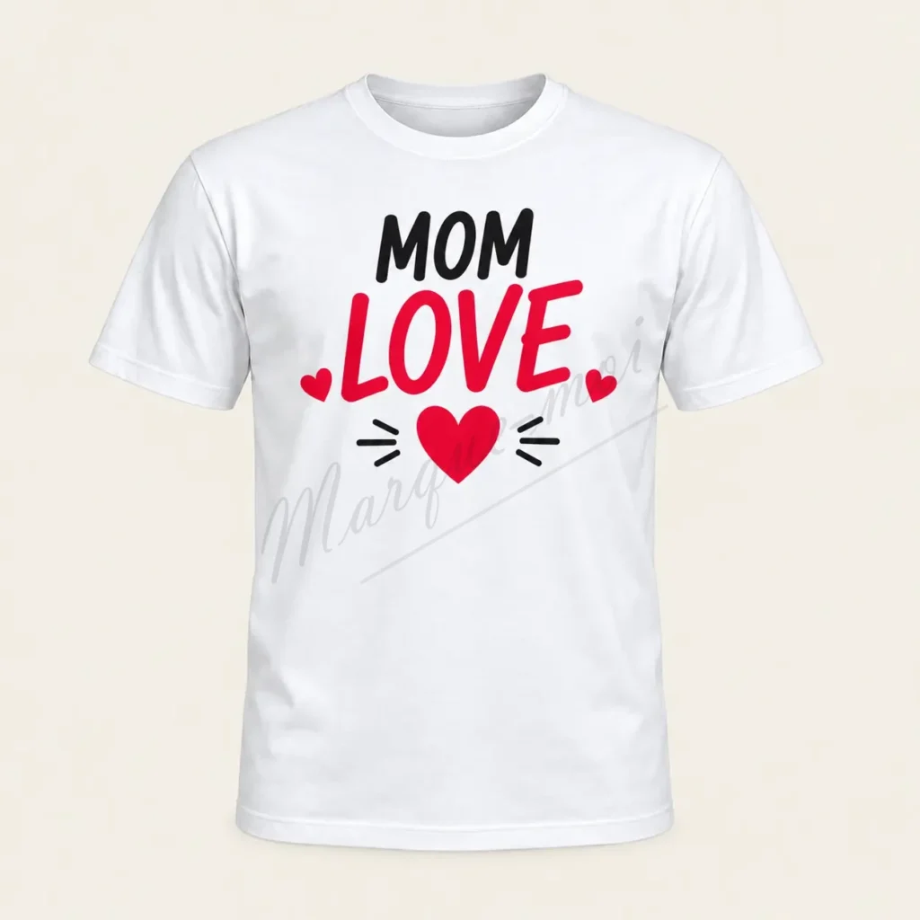 T-shirt blanc vu de face, avec le mot « Mom » en noir, « Love » en rouge et des cœurs rouges.