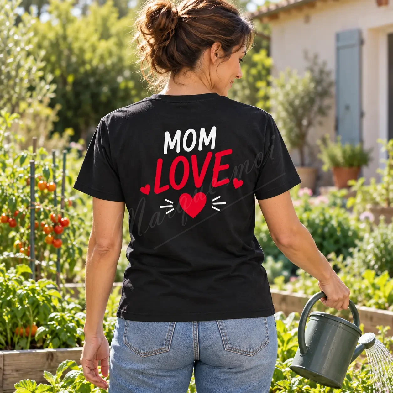 Femme vue de dos dans un jardin, portant un t-shirt noir avec l’inscription « Mom Love » en blanc et rouge et des cœurs rouges.