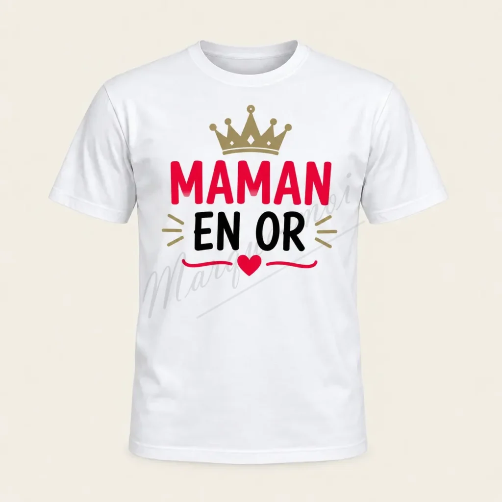 T-shirt blanc vu de face sur fond beige, avec le texte « Maman en or » rouge et noir, une couronne dorée et un cœur rouge.