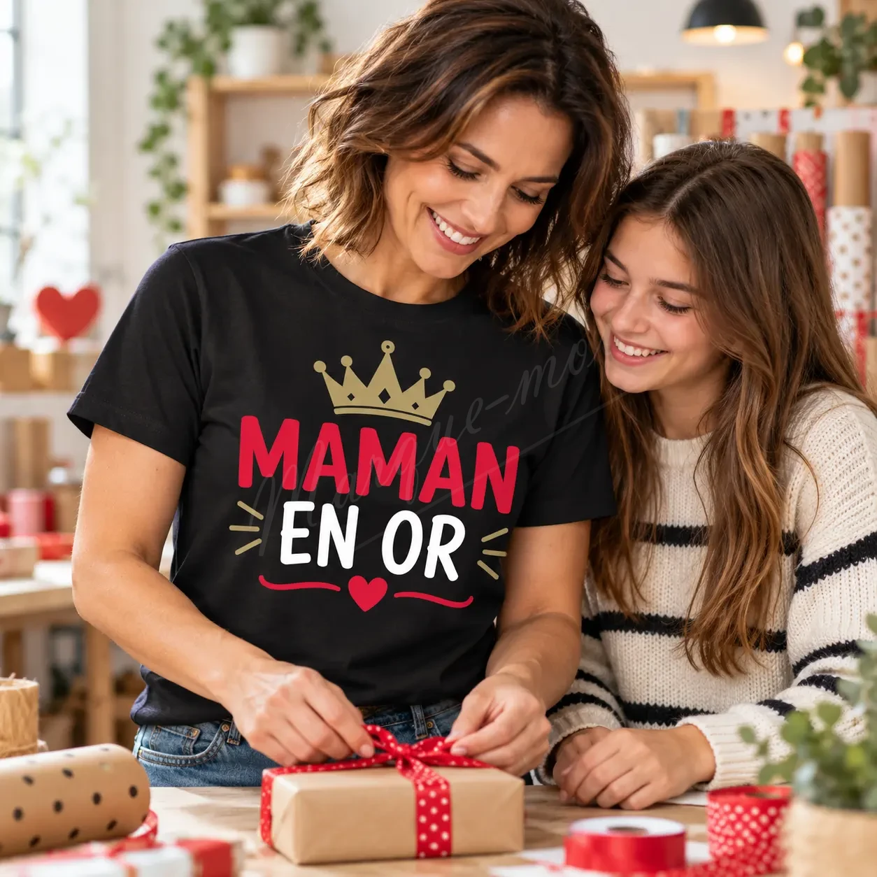 Femme portant un t-shirt noir « Maman en or » de face, avec une couronne dorée, dans un intérieur lumineux.