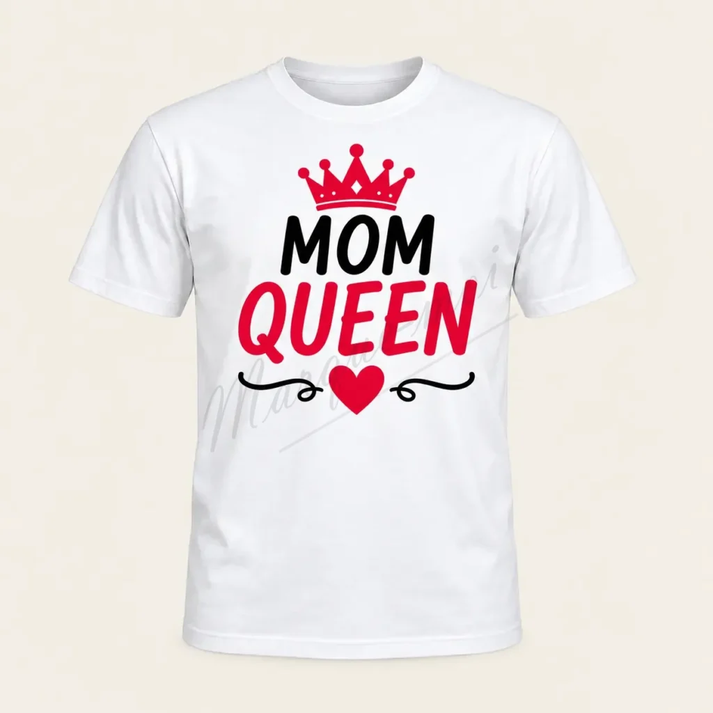 T-shirt blanc vu de face sur fond beige, avec l’inscription « Mom Queen » noire et rouge, une couronne et un cœur rouges.