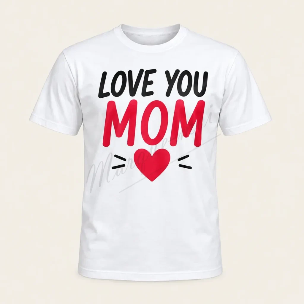 T-shirt blanc vu de face sur fond beige, avec l’inscription « Love You Mom » noire et rouge au-dessus d’un cœur rouge.