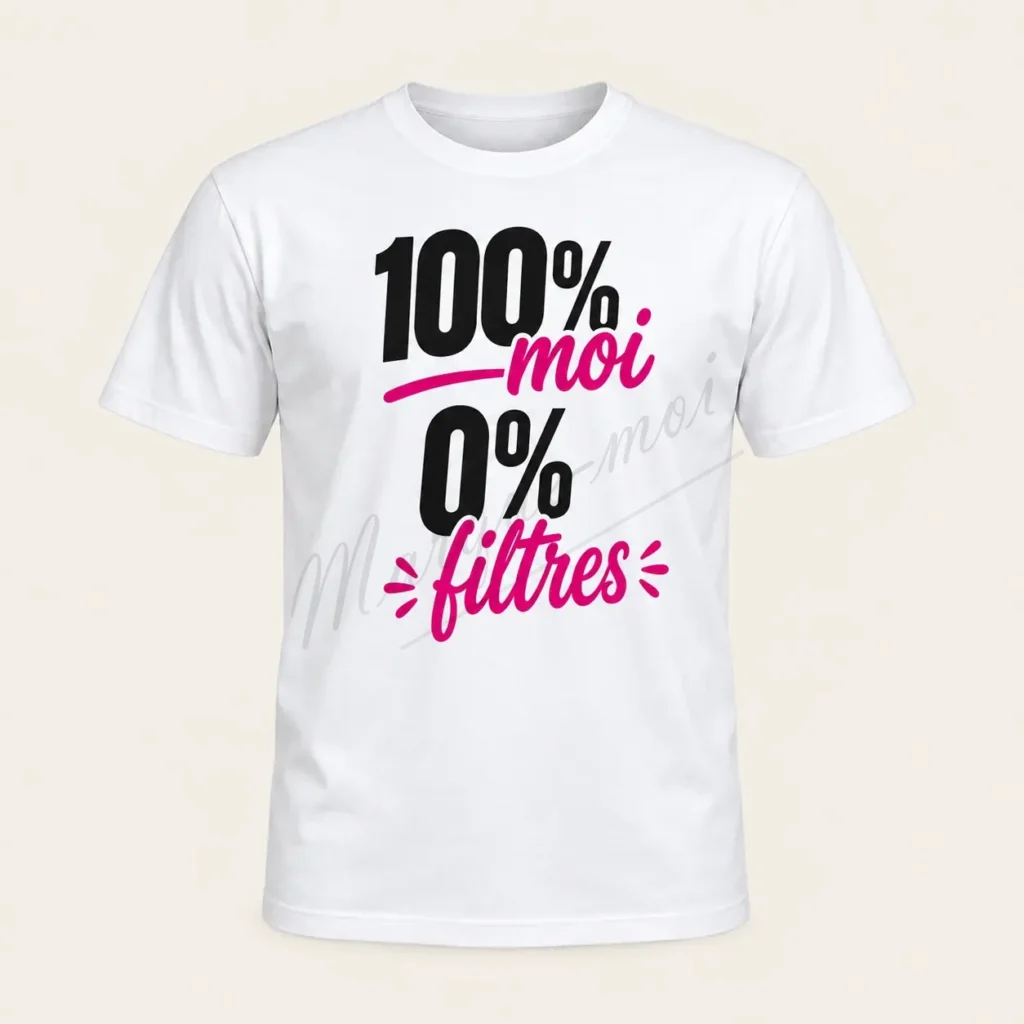 T-shirt blanc vu de face sur fond beige, avec le slogan « 100 % moi, 0 % filtres » en noir et rose.