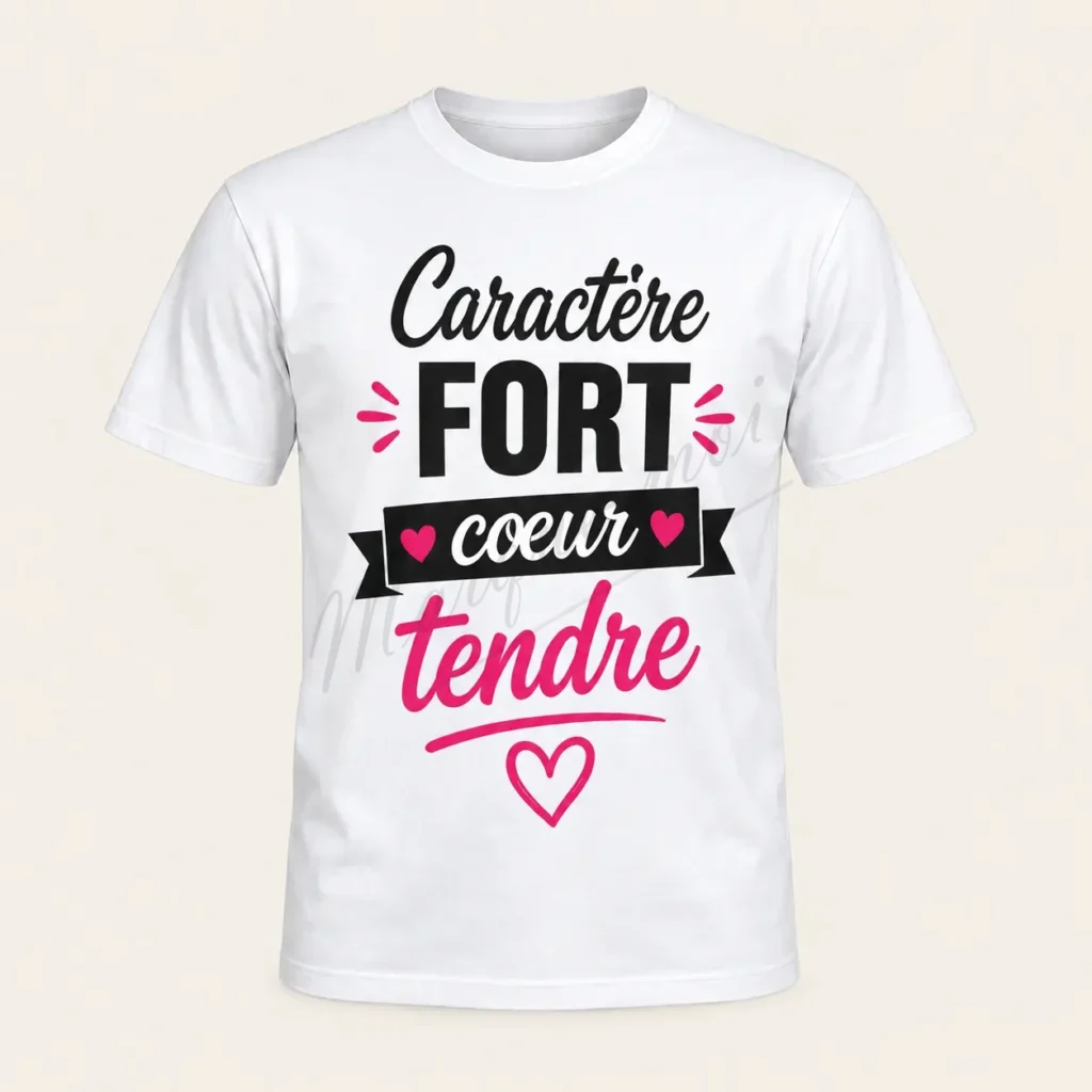 T-shirt blanc vu de face sur fond beige, avec le slogan « Caractère fort, cœur tendre », un ruban noir et des cœurs roses.