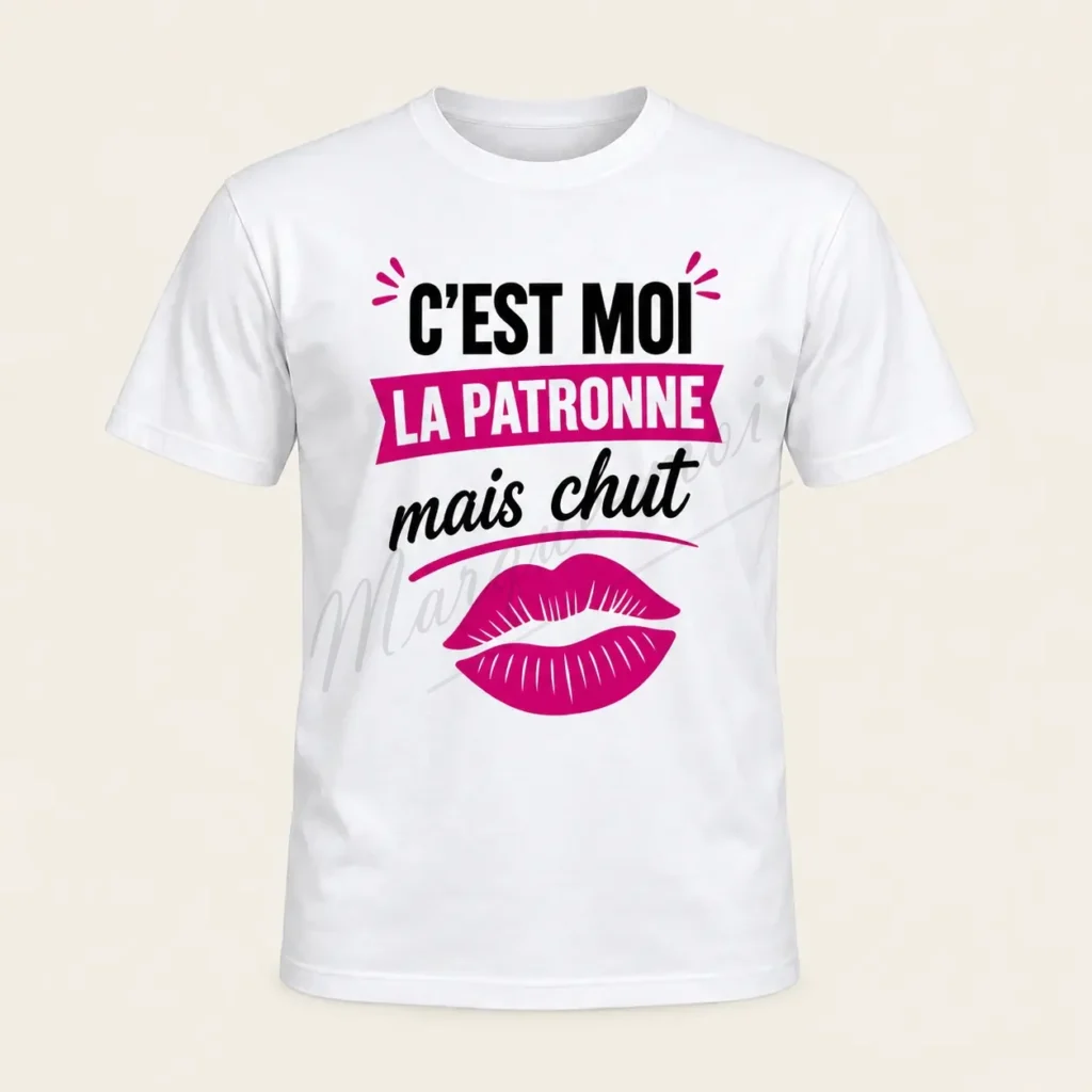T-shirt blanc vu de face sur fond beige, avec le slogan « C’est moi la patronne, mais chut » et un dessin de lèvres roses.