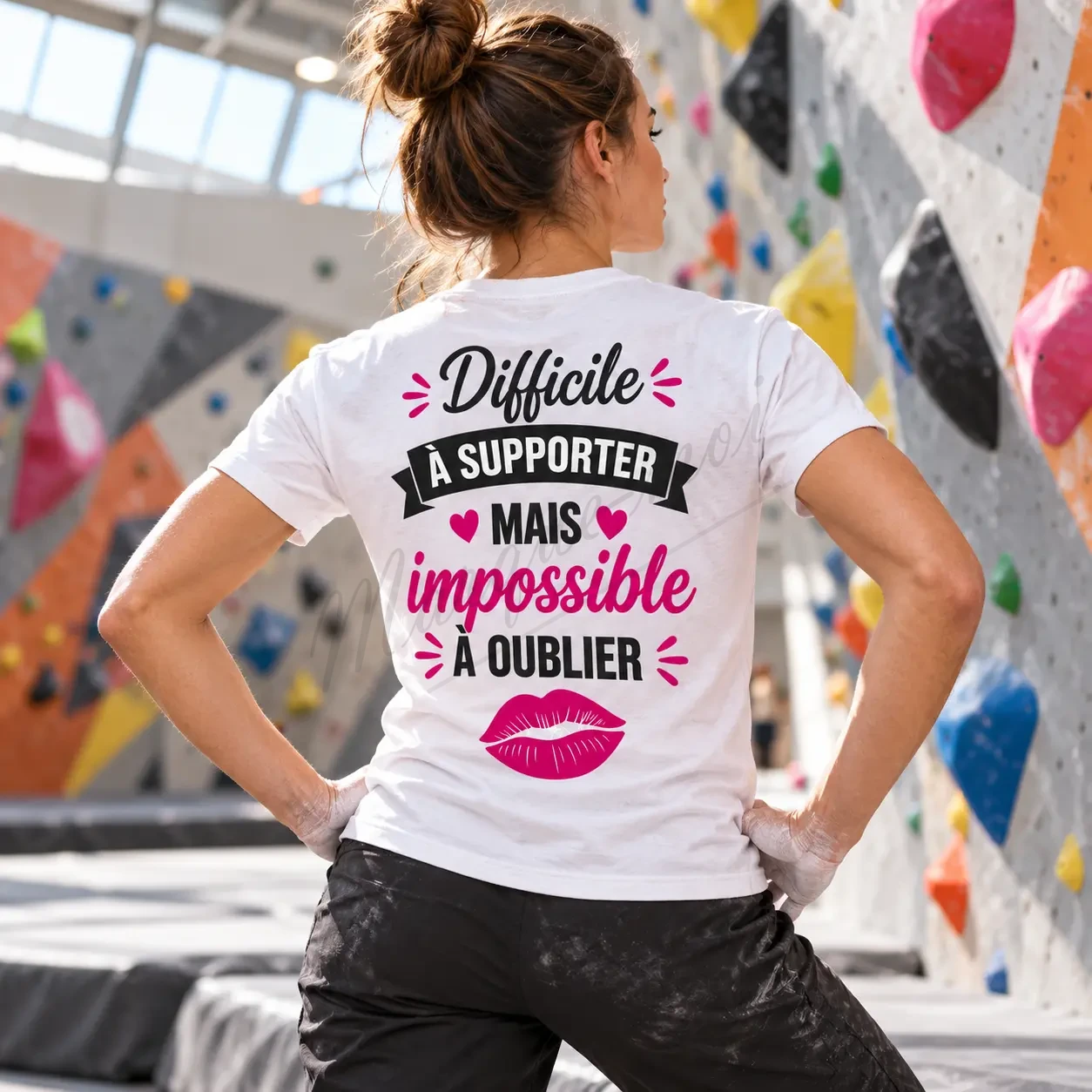 Femme vue de dos devant un mur d’escalade, portant un t-shirt blanc « Difficile à supporter mais impossible à oublier ».