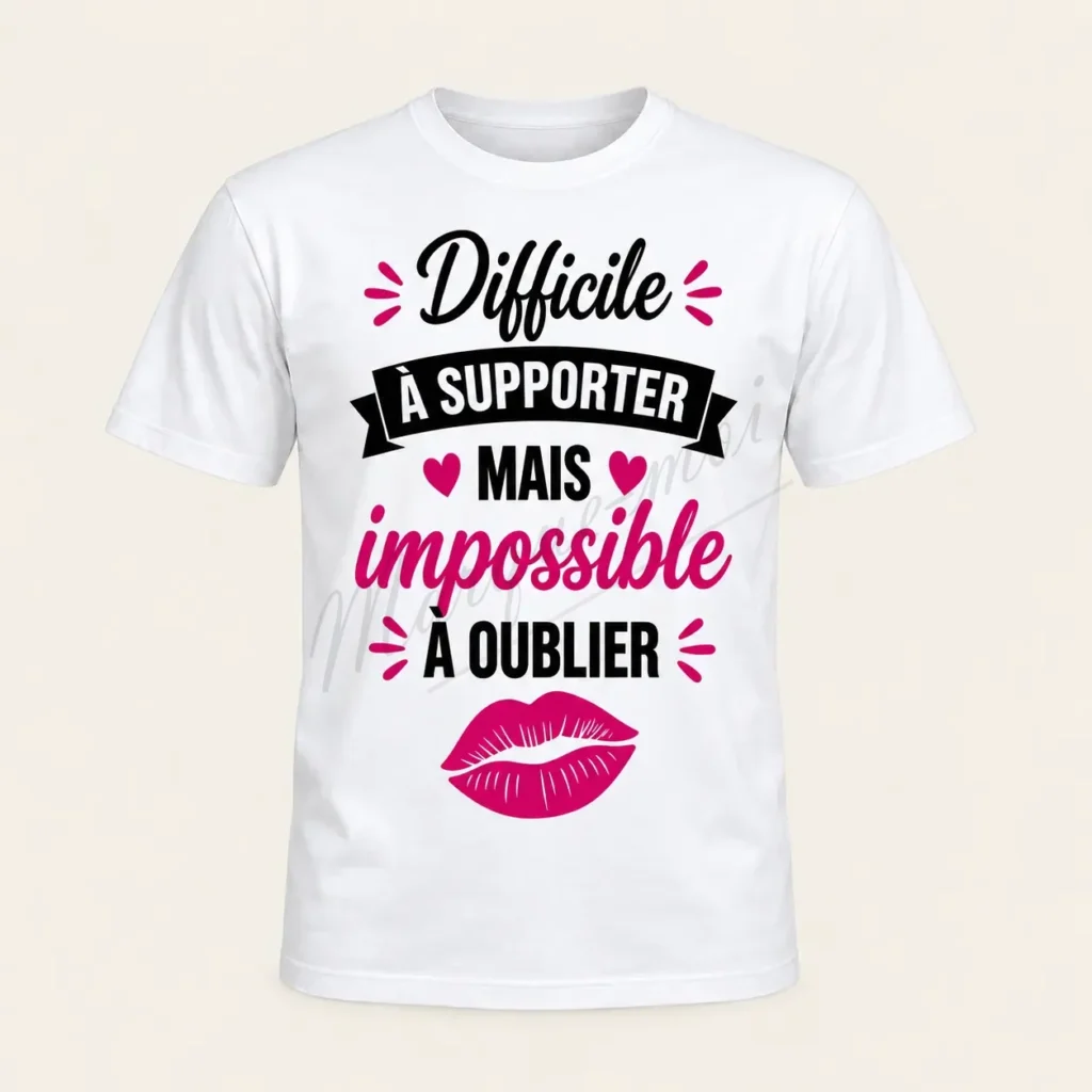 T-shirt blanc vu de face sur fond beige, avec le slogan « Difficile à supporter mais impossible à oublier » et des lèvres roses.