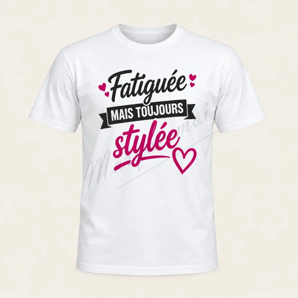 T-shirt blanc vu de face sur fond beige, avec l’inscription « Fatiguée mais toujours stylée » et un cœur rose.