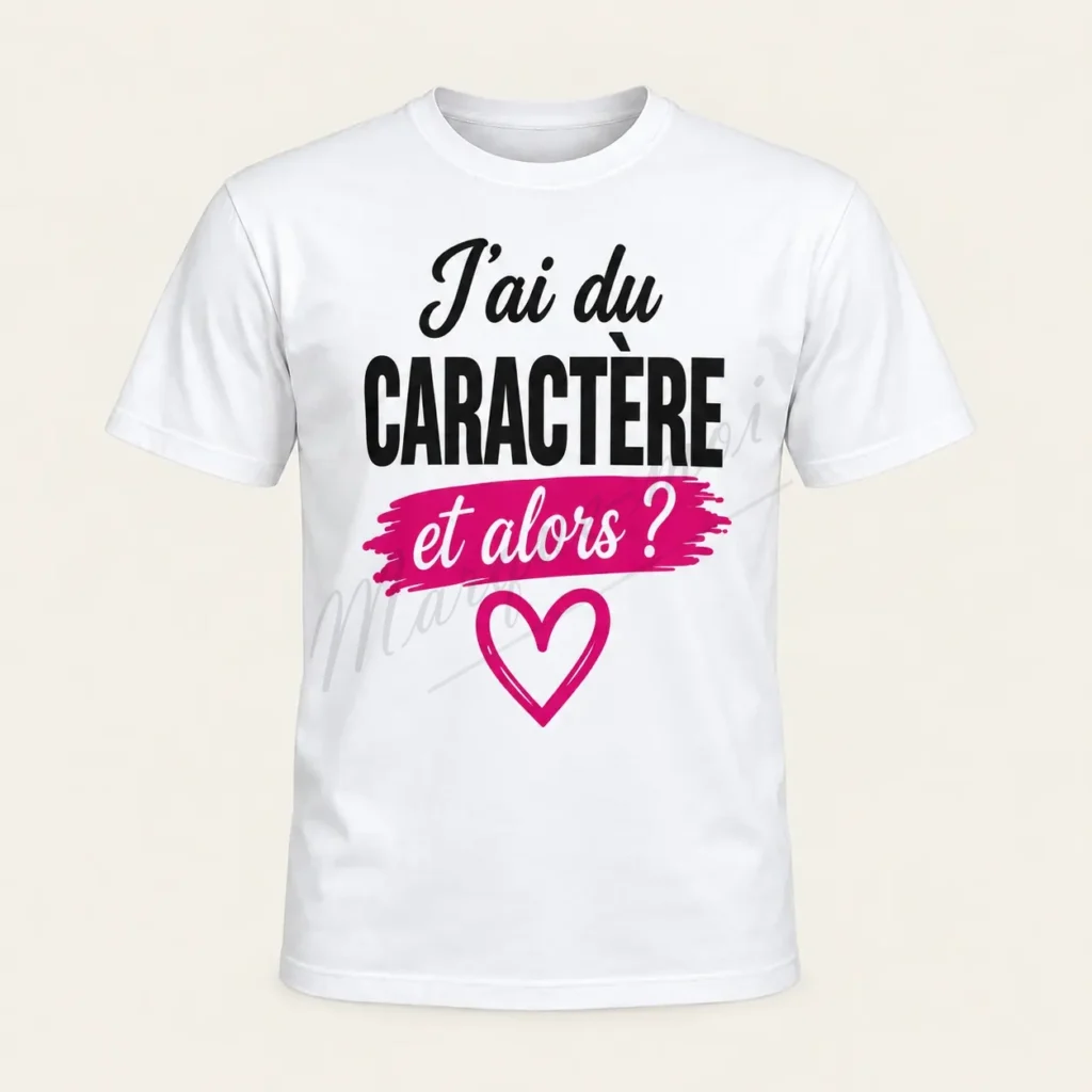 T-shirt blanc vu de face sur fond beige, avec le slogan « J’ai du caractère, et alors ? », un bandeau rose et un cœur rose.