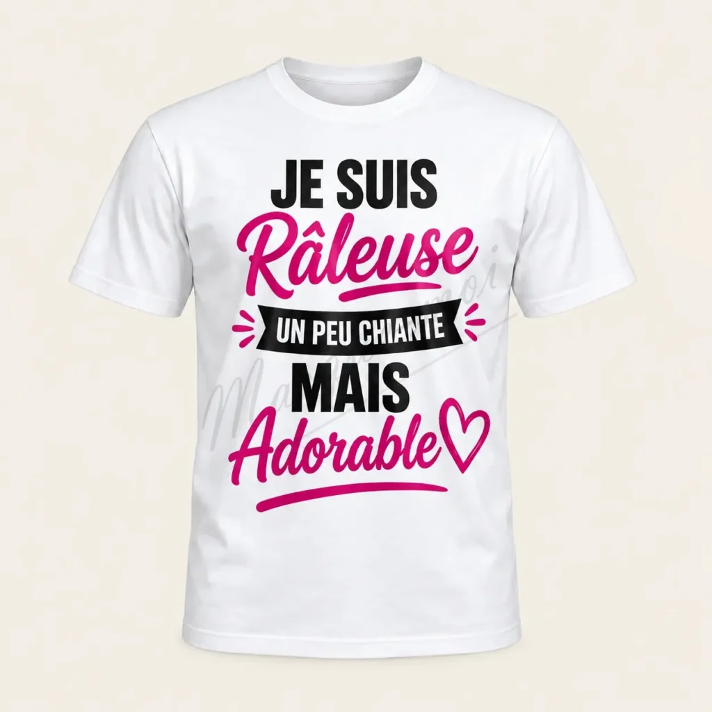 T-shirt blanc vu de face sur fond beige, avec le slogan « Je suis râleuse, un peu chiante, mais adorable » et un cœur rose.