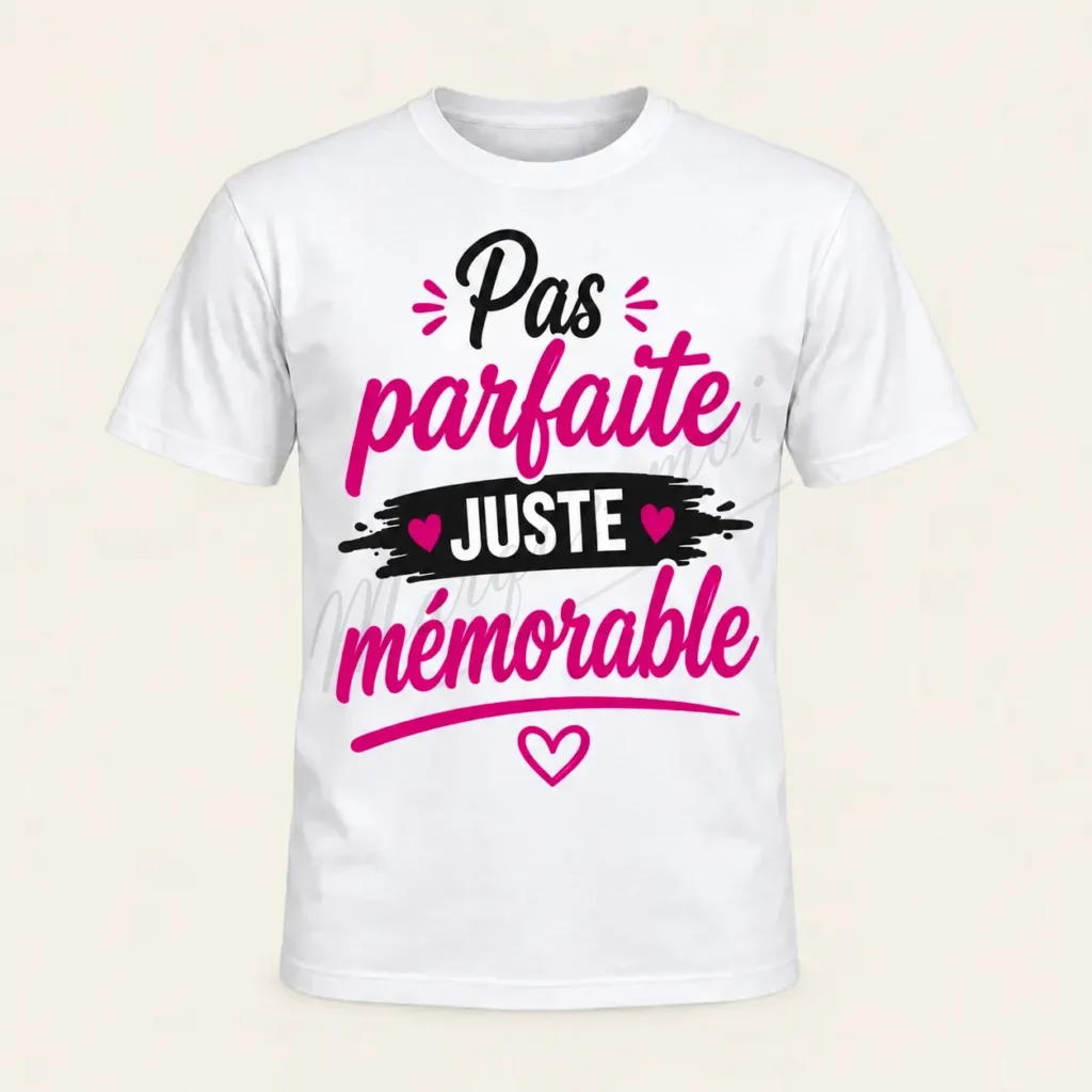 T-shirt blanc vu de face sur fond beige, avec le slogan « Pas parfaite, juste mémorable », un bandeau noir et des cœurs roses.