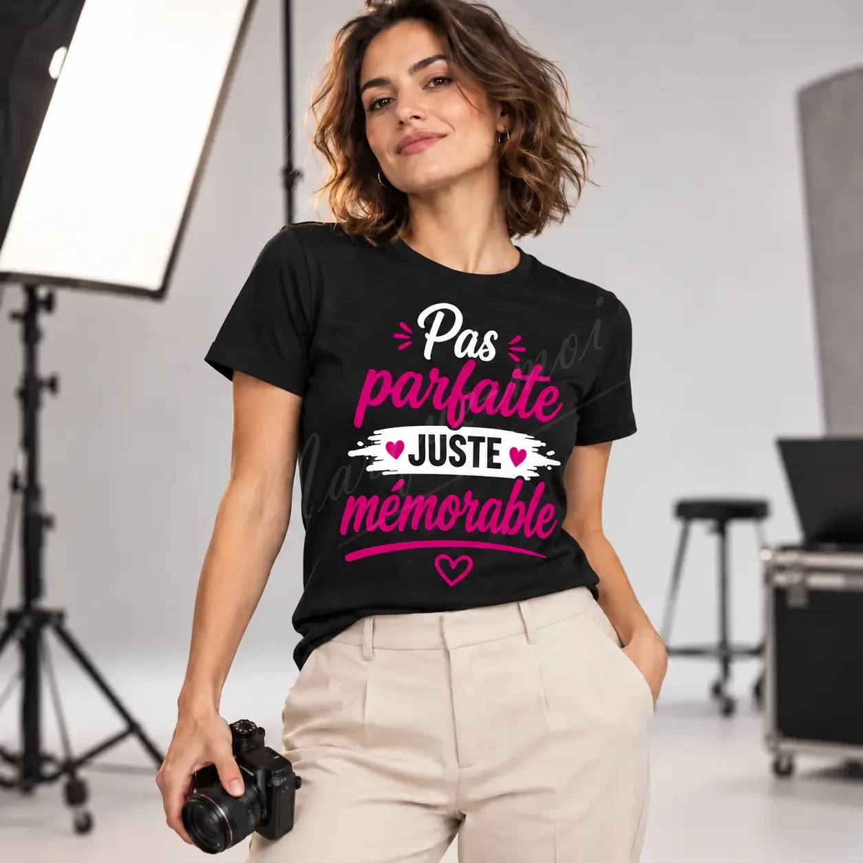 Femme portant un t-shirt noir « Pas parfaite, juste mémorable » de face dans un studio photo, avec un motif blanc et rose.