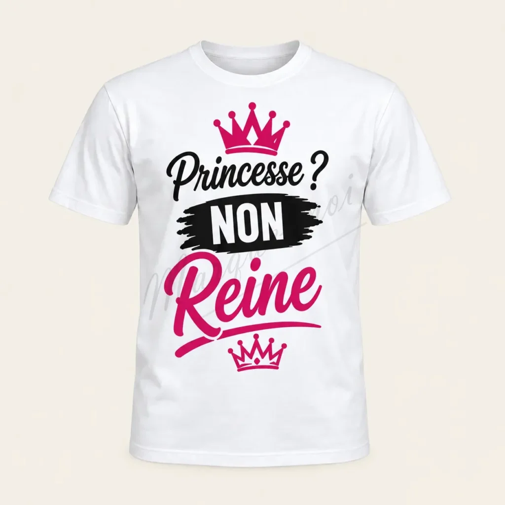 T-shirt blanc vu de face sur fond beige, avec l’inscription « Princesse ? Non, reine », un bandeau noir et des couronnes roses.