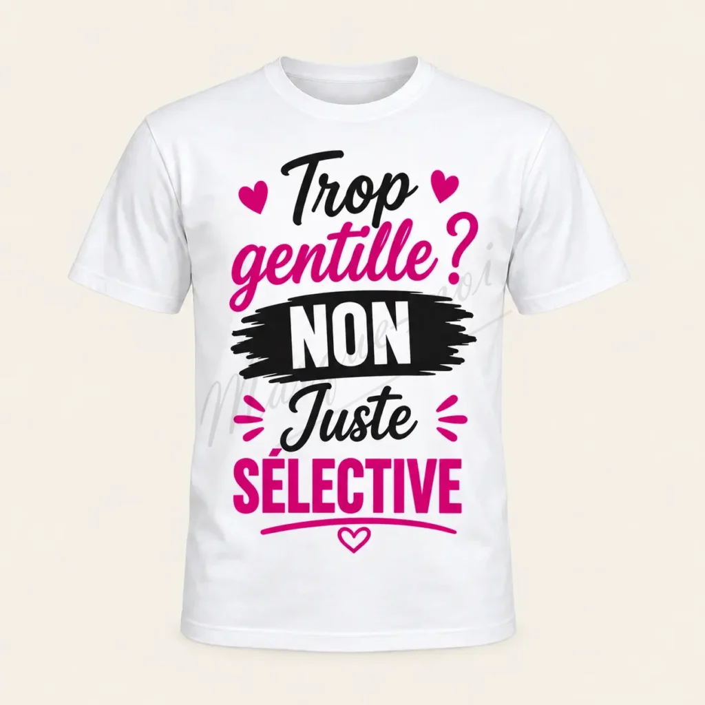 T-shirt blanc vu de face sur fond beige, avec le slogan « Trop gentille ? Non, juste sélective », un bandeau noir et des cœurs roses.