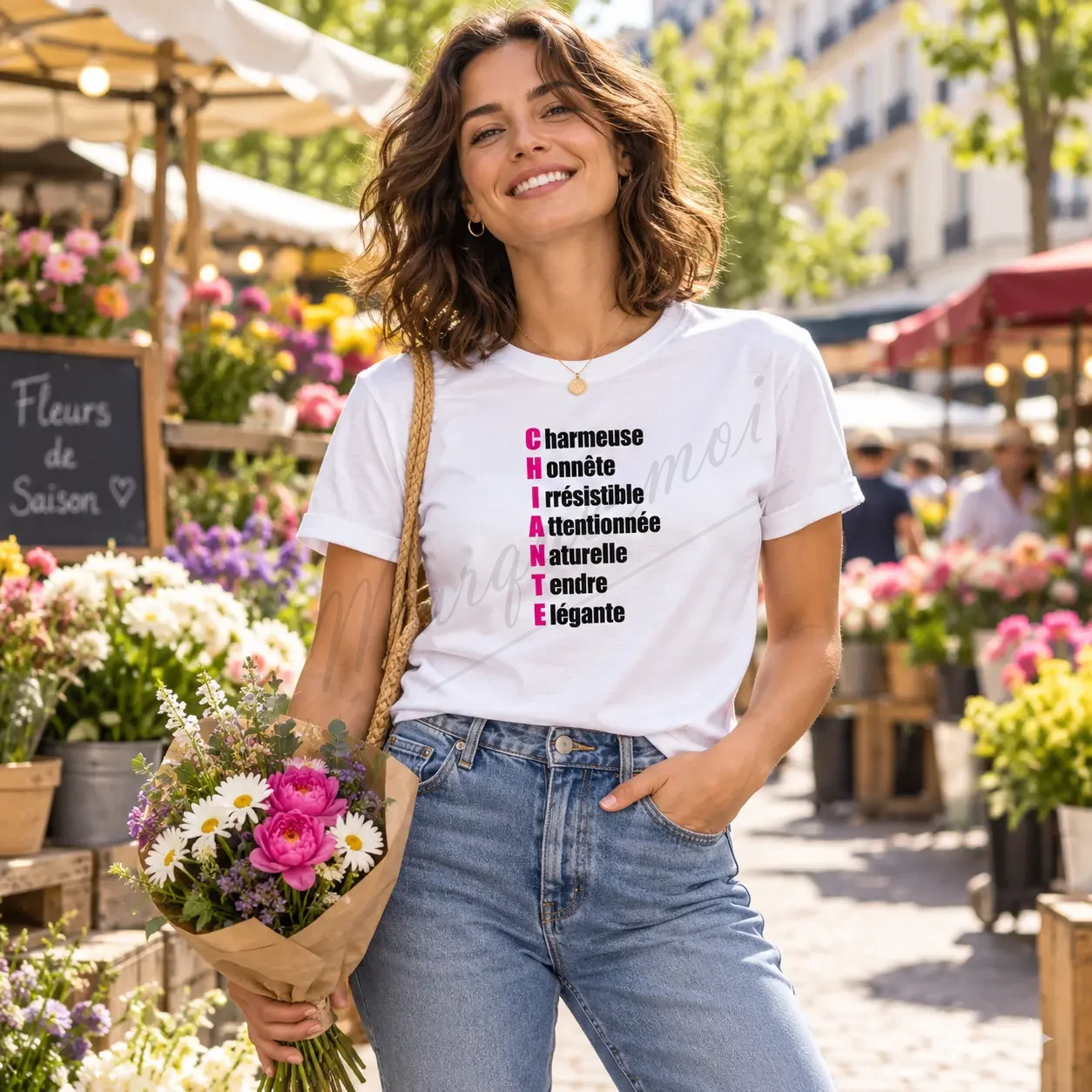 Femme portant un t-shirt blanc avec l’acrostiche « CHIANTE » noir et rose sur le devant, un bouquet à la main au marché aux fleurs.