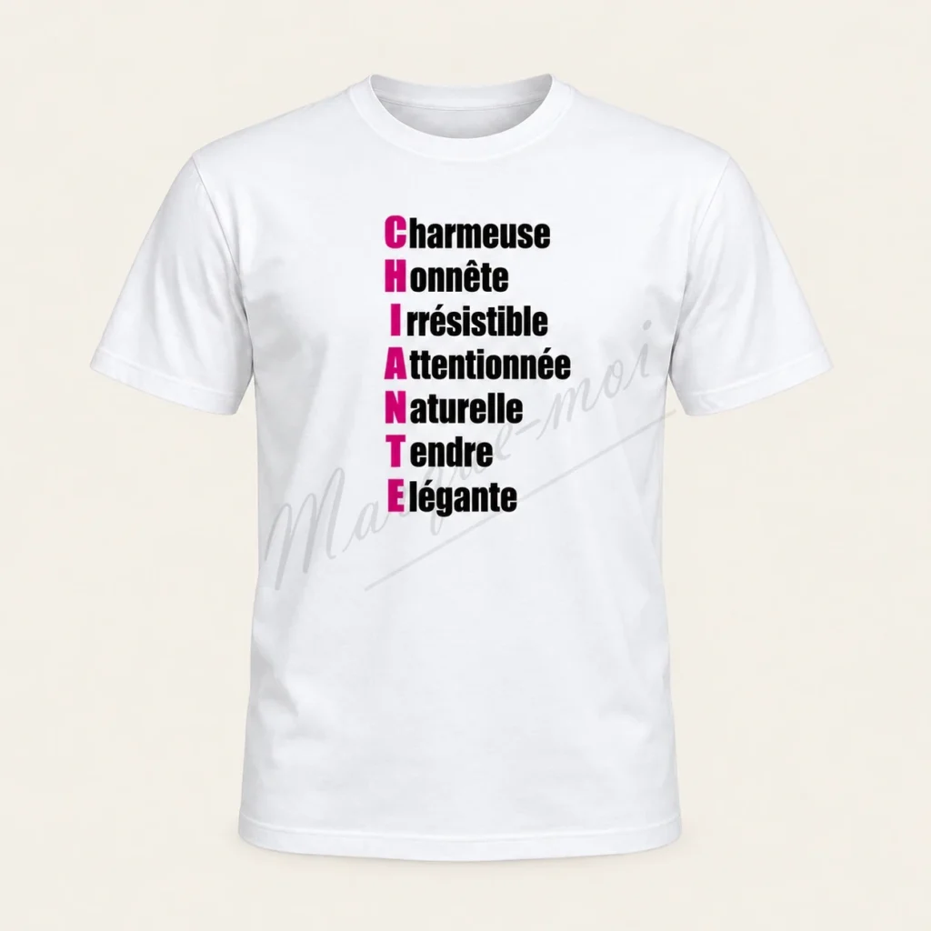 T-shirt blanc de face sur fond beige, avec l’acrostiche « CHIANTE » en lettres noires et initiales rose berry.