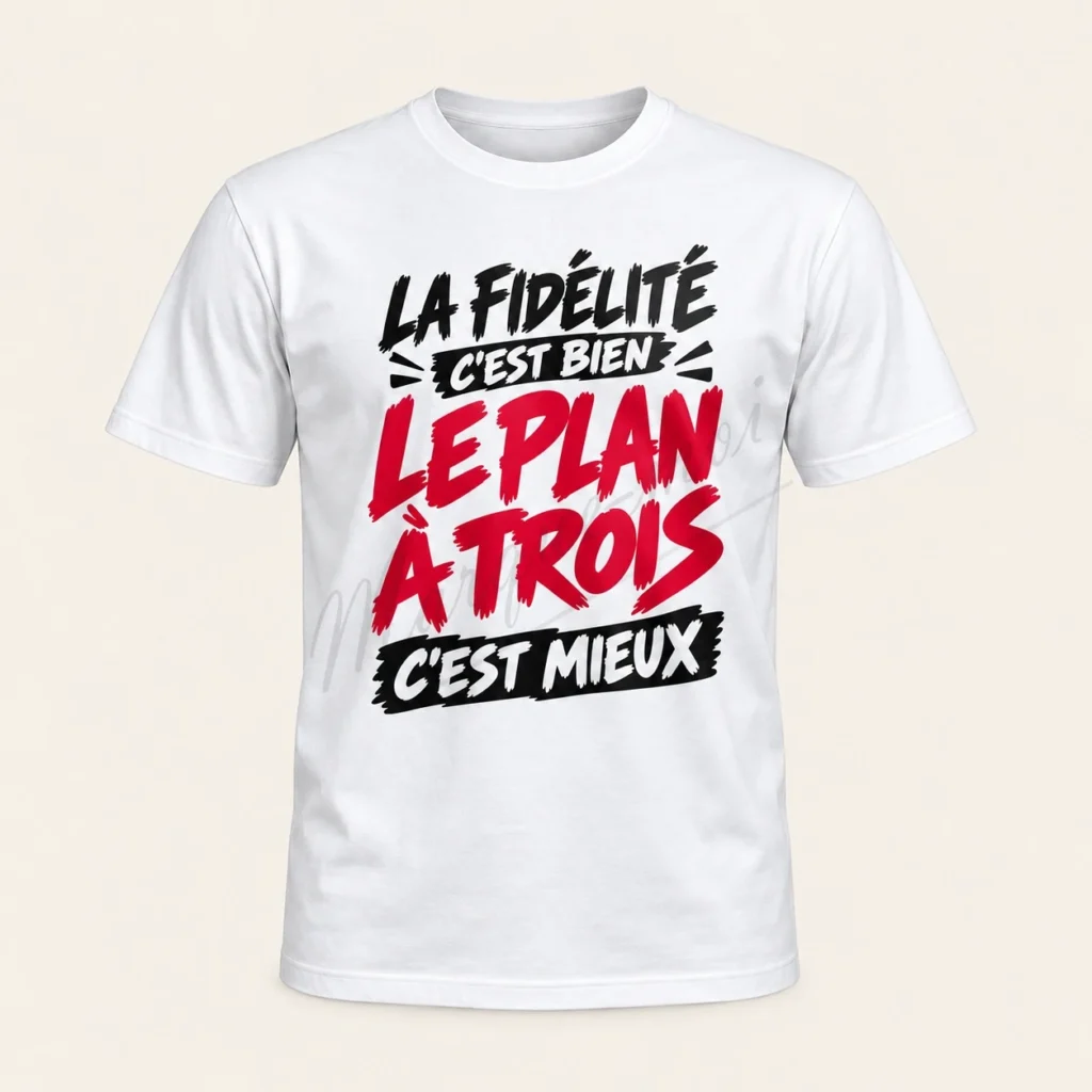 T-shirt blanc de face « La fidélité c’est bien, le plan à trois c’est mieux », avec un motif noir et rouge.